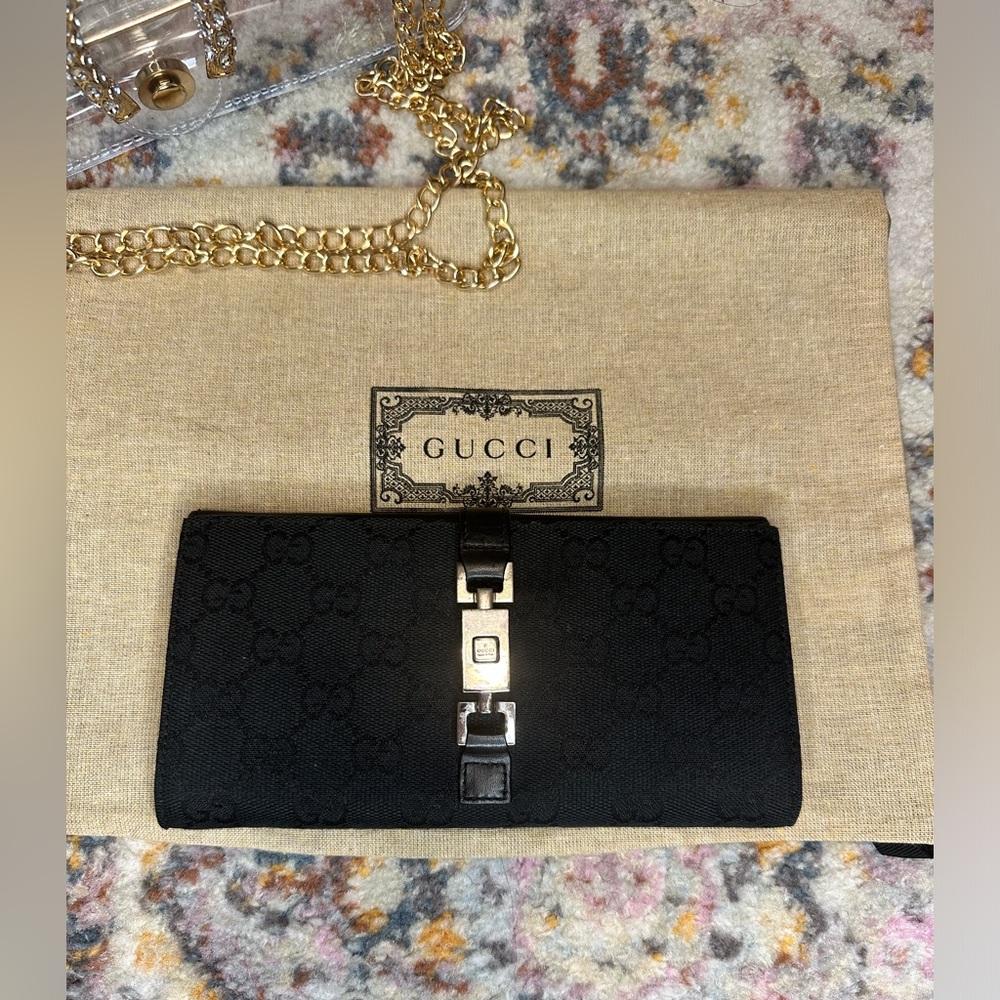GUCCI Jackie canvas & leather long wallet Black Monogram 💎AUTHENTIC